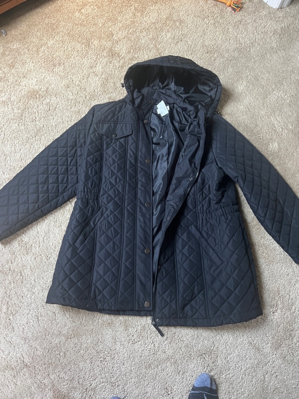 Avenue Black Quilted Hooded Coat with Snap Closure